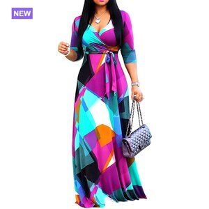 Polyester Spandex Maxi Dress V-Neck 3/4 Sleeve Casual Summer